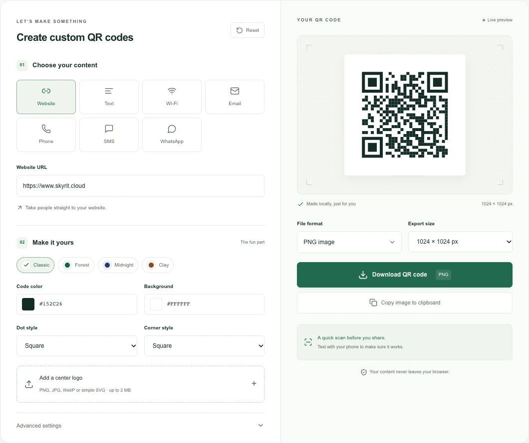 The QR Code Studio interface with content options, color controls, a generated QR code and download settings.